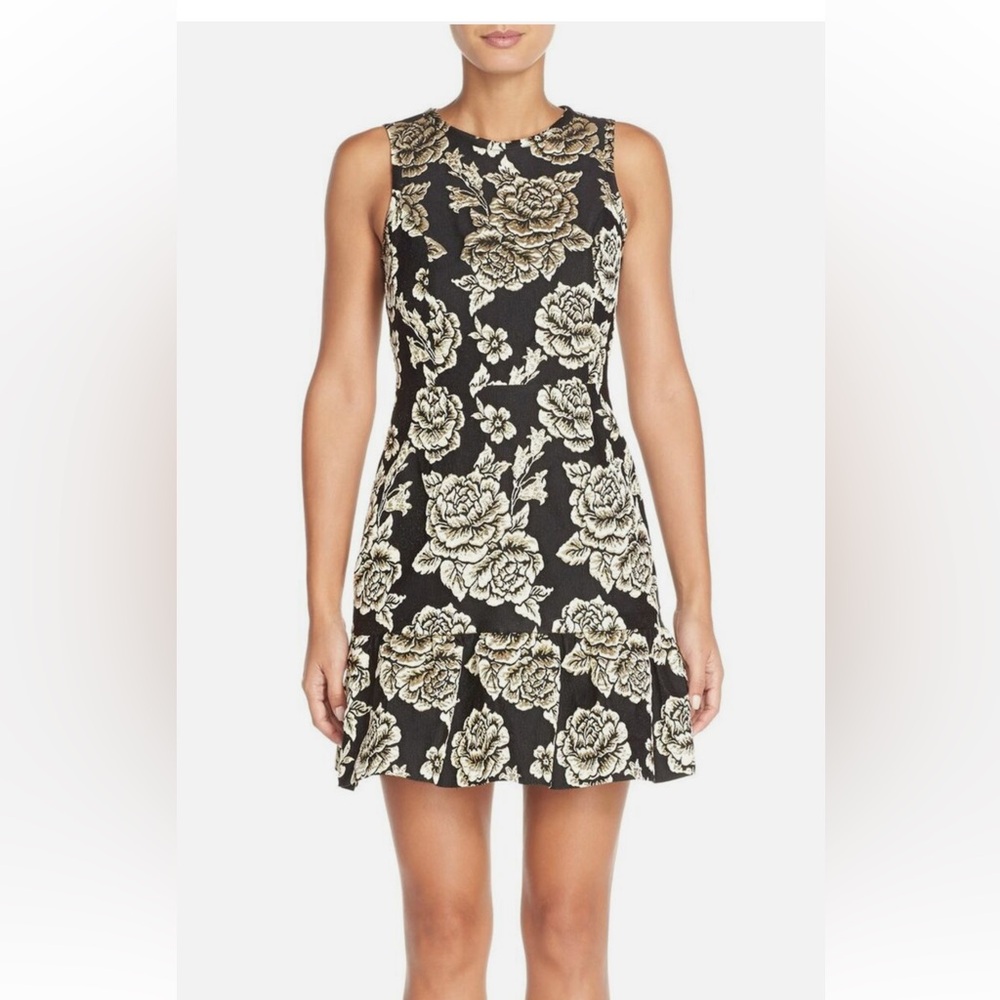 CeCe Cynthia Steffe Emerson Floral Black Gold Jacquard Cocktail Dress Size 4